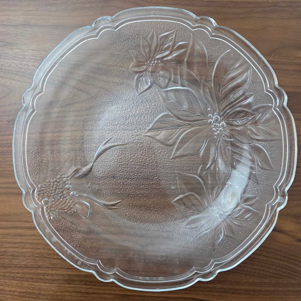 Vintage KIG Malaysia Poinsettia Floral Glass Serving Platter Christmas 13"